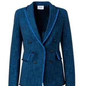 Akris Punto $1590 Blue Tweet Fringe Jacket Double Breasted Blazer US 18 UK 22